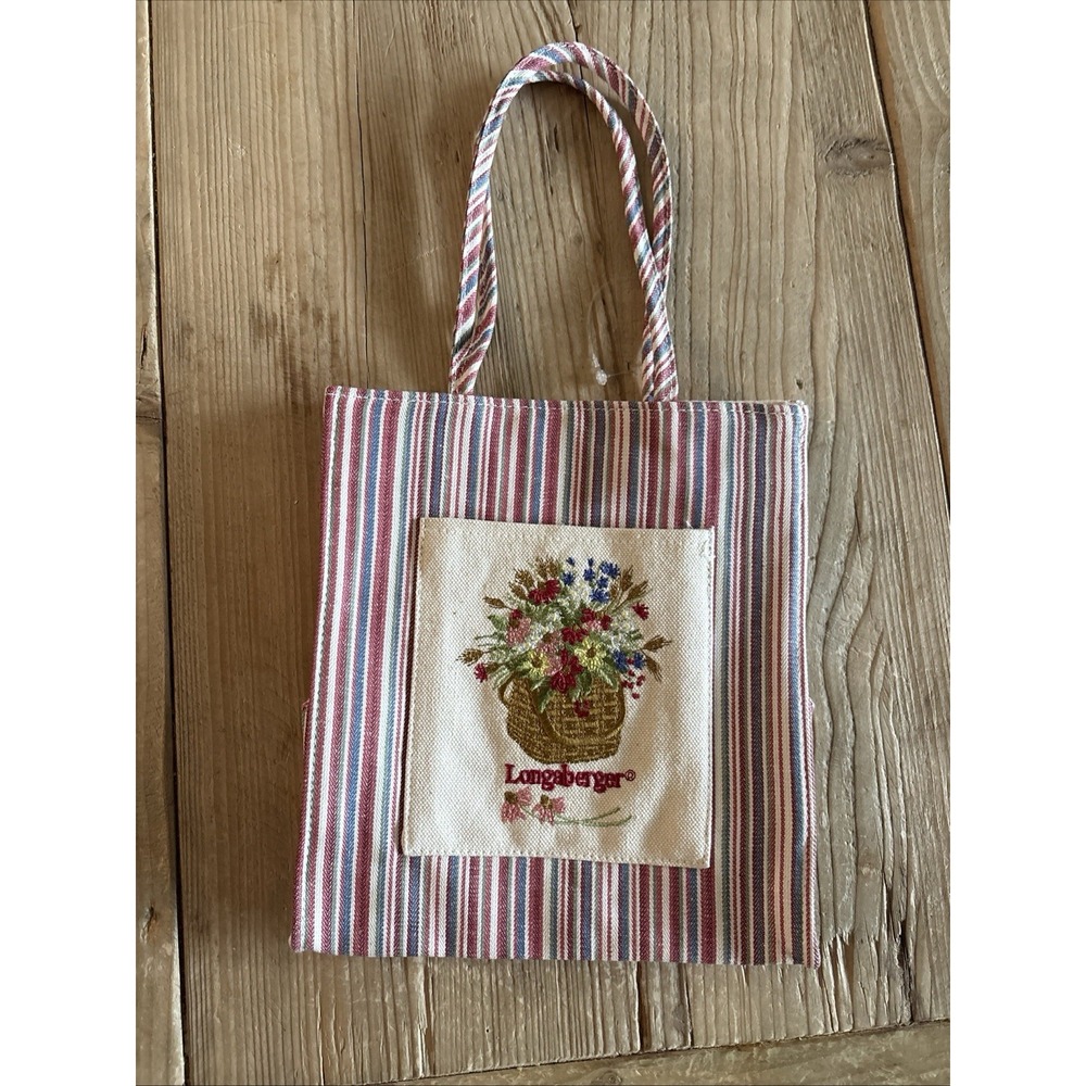 Longaberger Homestead Soft Small Canvas Striped Floral Summer Fabric Tote Bag